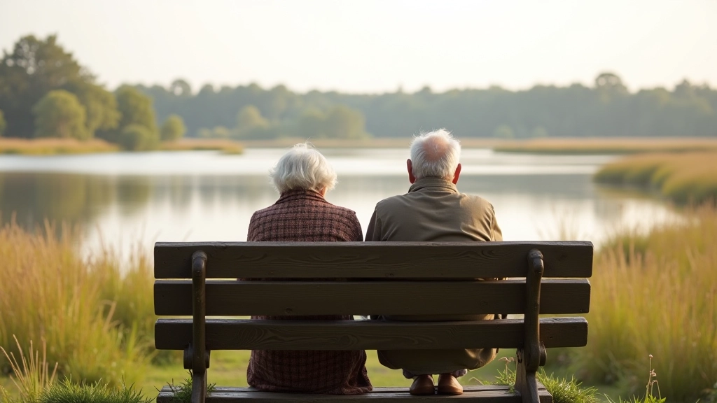 Divi seniori sēž uz koka sola Ķemeru purvā un vēro putnus un daba